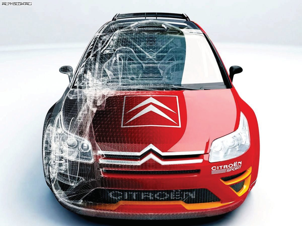 Citroën C4 WRC with a translucent view of the chassis